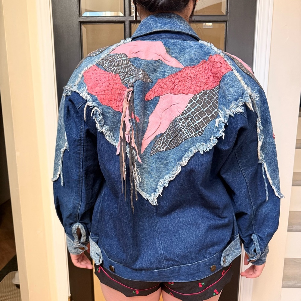 Rare Vintage 80s Denim Jacket with Pink Leather Accents - Picture 2 of 12